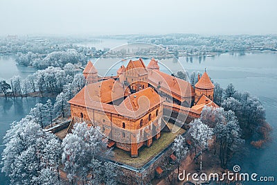 Trakai Island Castle and frosty trees, Lithuania Stock Photo