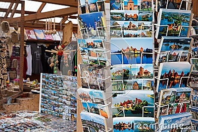 Postcards on racks with views of Trakai castle Editorial Stock Photo