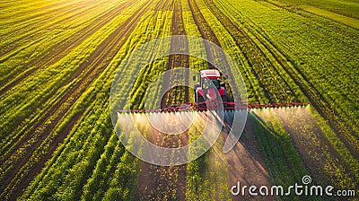 Traktor during spraying chemicals in the field. Stock Photo