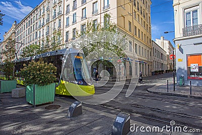 Tram in the city center of saint etienne Editorial Stock Photo