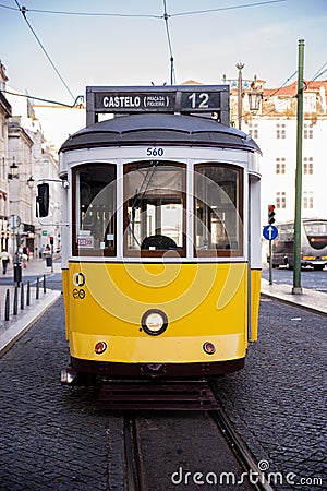 Tram of the city of Lisbon, circulating along the rails Editorial Stock Photo