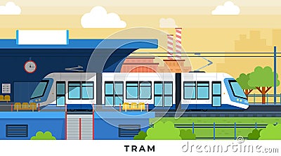 Tram on the city street near the station vector illustration in flat design. Vector Illustration