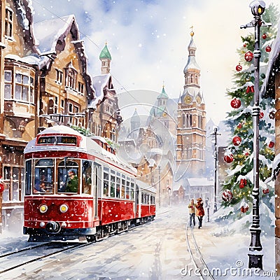 Tram drives through the snowy streets of the big city on Christmas Eve. Stock Photo