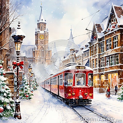 Tram drives through the snowy streets of the big city on Christmas Eve. Stock Photo