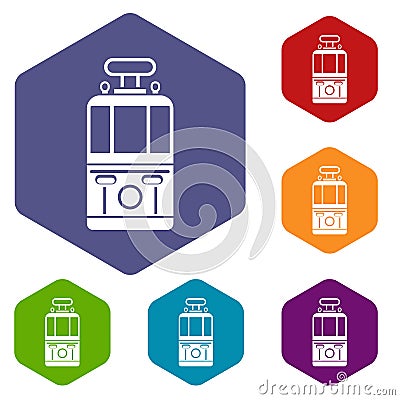 Tram front view icons set hexagon Vector Illustration