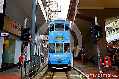 Tram line running through Chun Yeung Street a wet market Editorial Stock Photo