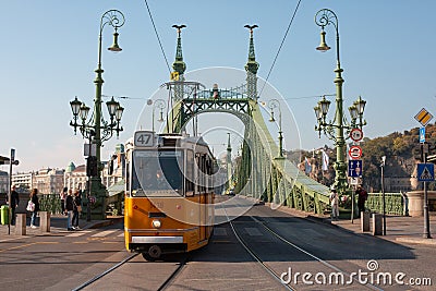 Tram number 47 circulating on the Liberty Bridge Editorial Stock Photo