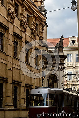 Tram at St. Salvator Church, Prague - Czech Republic Stock Photo