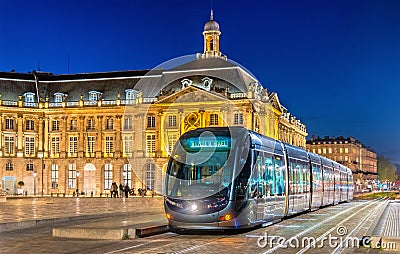 Tram on Place de la Bourse in Bordeaux, France Stock Photo