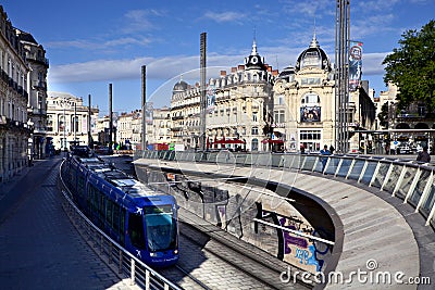 Tram on Place de la Comedie in Montpellier Editorial Stock Photo