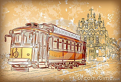 Tram in Porto, Portugal Cartoon Illustration