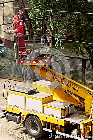Tram power grid maintenance works in Warsaw, Poland Editorial Stock Photo