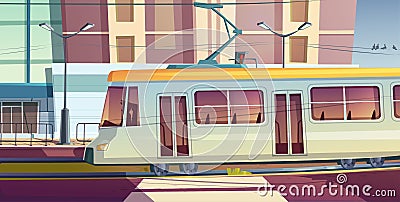 Tram riding on city street trolley car with driver Vector Illustration