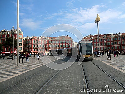 Tram in a square in Nice Editorial Stock Photo