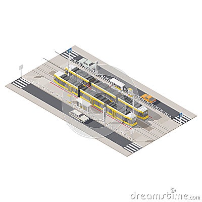 Tram station located in the middle of the street isometric icon set Vector Illustration