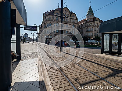 Tram station in Unirii Square, Oradea, Romania Editorial Stock Photo
