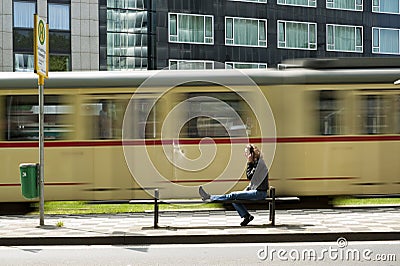 At a tram stop Stock Photo