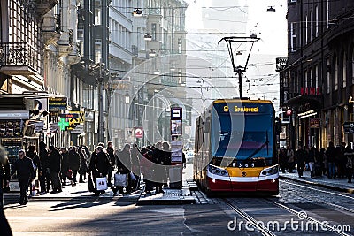 Tram stop backlit with sunlight Editorial Stock Photo