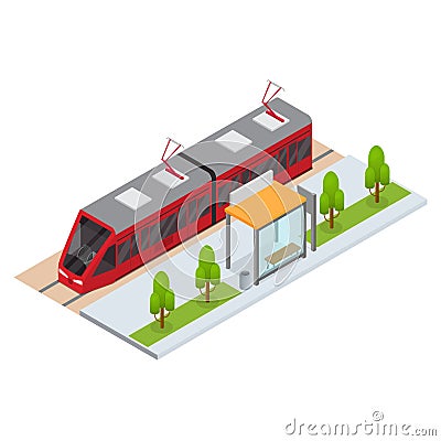 Tram and Stop Station Isometric View. Vector Vector Illustration