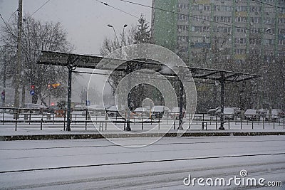 Tram stop in winter in Bucharest, Romania. Stock Photo