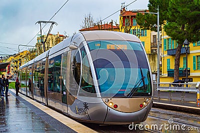 Tram stops at Boulevard Nice Old Town square France Editorial Stock Photo