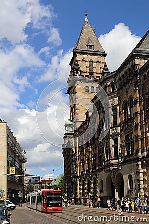 Tram in a street with historical buildings in Bremen, Germany Editorial Stock Photo