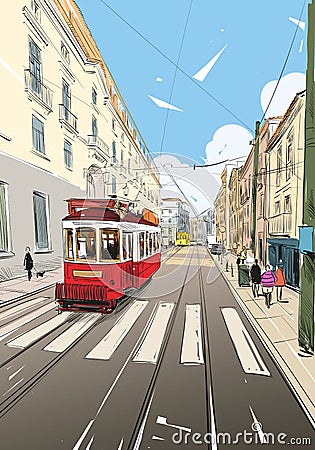 Tram in the street of Lisbon. Portugal. Europe. Hand drawn vector illustration. Vector Illustration