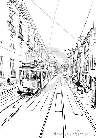 Tram in the street of Lisbon. Portugal. Europe. Hand drawn vector illustration. Vector Illustration