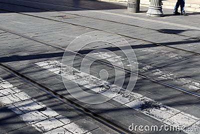 Tram tracks and tram in the streets of Jerusalem Stock Photo