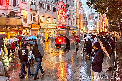 A tram passing through the central shopping district in Istanbul, Turkey Editorial Stock Photo