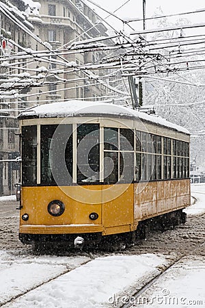 Tram under the snow Stock Photo