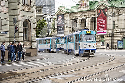 Tramcar passing crosswalk Riga Editorial Stock Photo