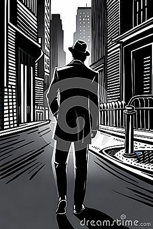 Tramp - Young man walking alone by the city street Cartoon Illustration