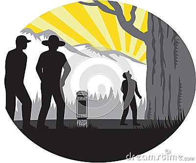 Trampers Mile Marker Giant Tree Oval Woodcut Vector Illustration