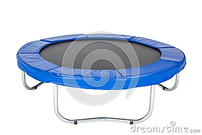 Trampoline for children and adults for fun indoor or outdoor fitness jumping on white background. Blue trampoline Isolated Stock Photo