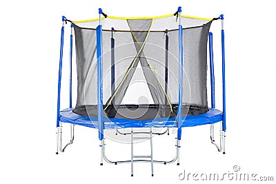 Trampoline for children and adults for fun indoor or outdoor fitness jumping on white background. Blue trampoline Isolated Stock Photo