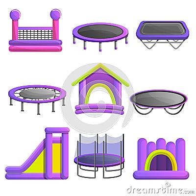 Trampoline icon set, cartoon style Vector Illustration