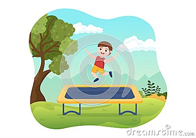 Trampoline Illustration with Little Kids Jumping On a Trampolines in Hand Drawn Flat Cartoon Summer Outdoor Activity Background Vector Illustration