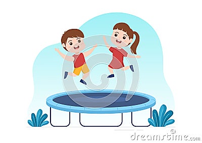 Trampoline Illustration with Little Kids Jumping On a Trampolines in Hand Drawn Flat Cartoon Summer Outdoor Activity Background Vector Illustration