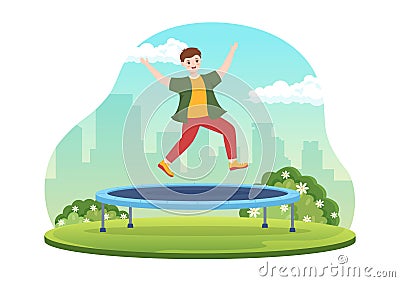 Trampoline Illustration with Youth Jumping On a Trampolines in Hand Drawn Flat Cartoon Summer Outdoor Activity Background Template Vector Illustration