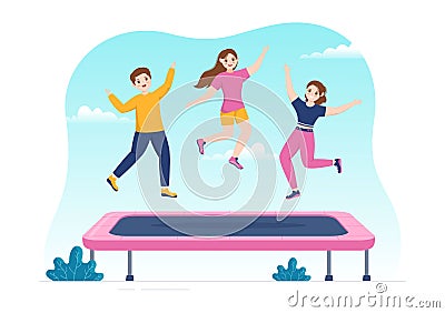 Trampoline Illustration with Youth Jumping On a Trampolines in Hand Drawn Flat Cartoon Summer Outdoor Activity Background Template Vector Illustration