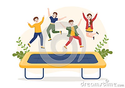 Trampoline Illustration with Youth Jumping On a Trampolines in Hand Drawn Flat Cartoon Summer Outdoor Activity Background Template Vector Illustration