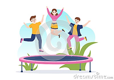 Trampoline Illustration with Youth Jumping On a Trampolines in Hand Drawn Flat Cartoon Summer Outdoor Activity Background Template Vector Illustration