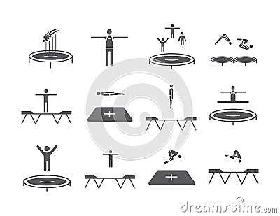 Trampoline jumping icons. Acrobatics signs. Sports jumping on a trampoline Vector Illustration