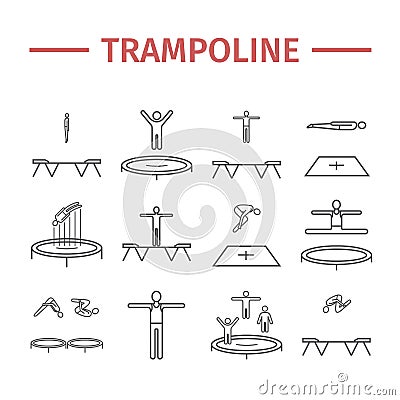 Trampoline jumping line icons. Acrobatics signs. Vector sports symbols. Vector Illustration