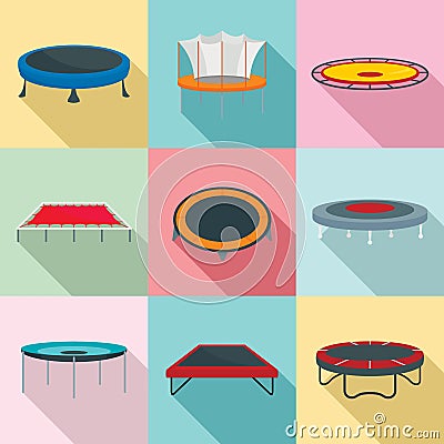 Trampoline jumping park joy icons set, flat style Vector Illustration