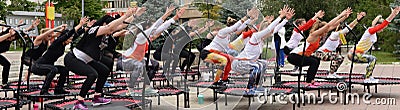 Trampoline training on the street. Orenburg, Russia, 02.08.19. sports performances, jumps. Outdoor fitness training. Editorial Stock Photo