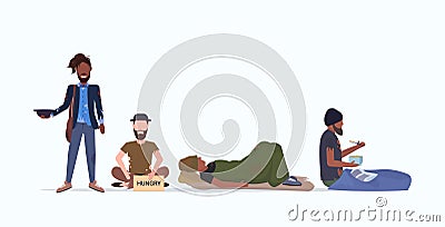 Tramps poor homeless characters needing money beggars group begging for help unemployment homeless jobless concept flat Vector Illustration