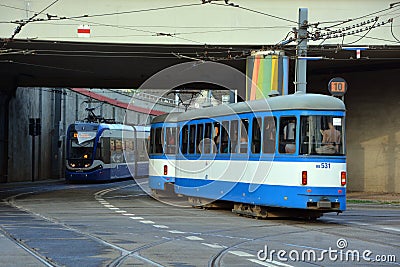 Trams in Krakow are a tram public transit system in Krakow, Editorial Stock Photo