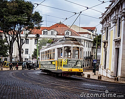 Trams in Lisbon and the beauty of streets in Lisbon architecture of buildings Editorial Stock Photo